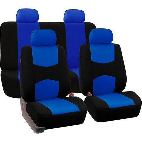 9 housses de siège auto universelles, tissu plat, bleues et noires, compatibles airbags latéraux et sièges chauffants (1/5)