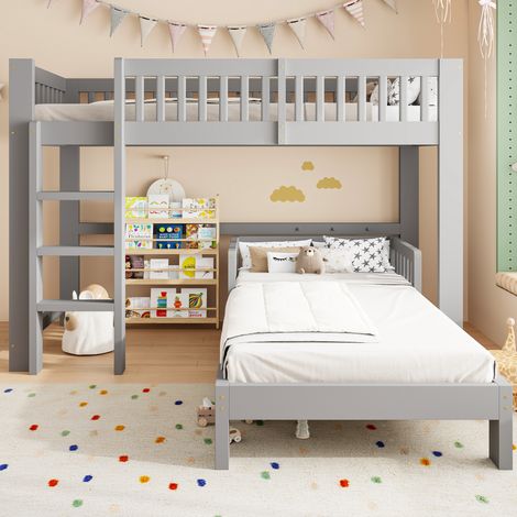 Set letto a castello modulare per bambini 90x200 cm grigio in legno massello con reti a doghe (1/5)