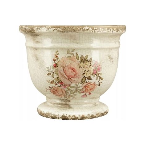Pot de fleurs en grès Rosae 17,5cm diamètre – Motif de roses – Élégance vintage pour intérieur – Support pour plantes et herbes