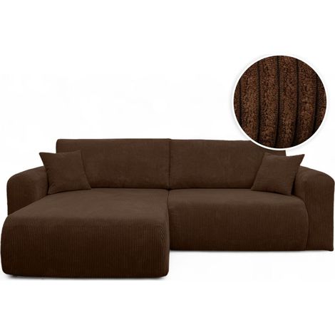 Canapé ALYA d'angle compacte réversible et convertible 4 places en velours côtelé - Marron (1/5)