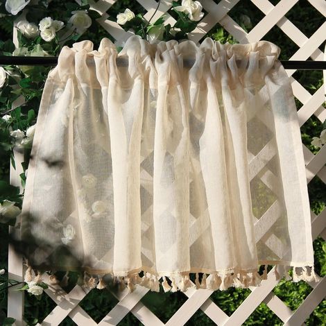 Rideau brise-bise bohème vintage semi-transparent avec pompon - Rideau court - Pour cuisine, salon, chambre à coucher - l x H : 100 x 40 cm
