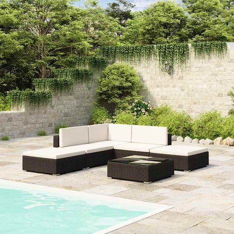 Salon de jardin 6 pcs Ensemble Table et Chaise de Jardin - avec coussins Résine tressée Noir BV953990 - BonneVie (1/5)