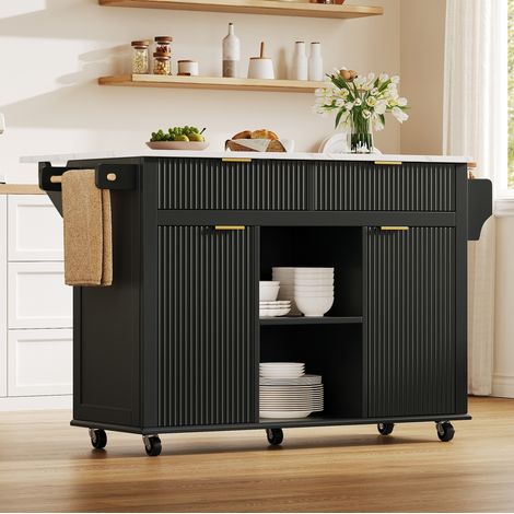 Îlot de cuisine sur roulettes en MDF noir avec plateau relevable, 2 tiroirs et 2 portes (1/5)
