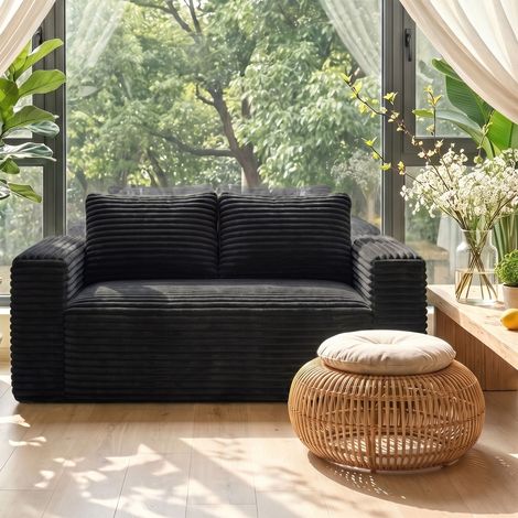 Canapé 2 places confortable, dossier bas sans armature, prêt à l’emploi, en mousse dense, housse en velours côtelé moelleux, fauteuil d’angle moderne pour studio, chambre ou salon, teinte noire (1/5)
