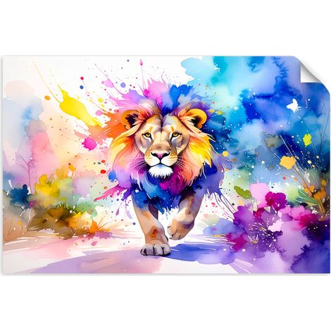 Selbstklebendes Poster – Wandsticker Bunter Löwe im Dschungel Aquarell 60x40 cm