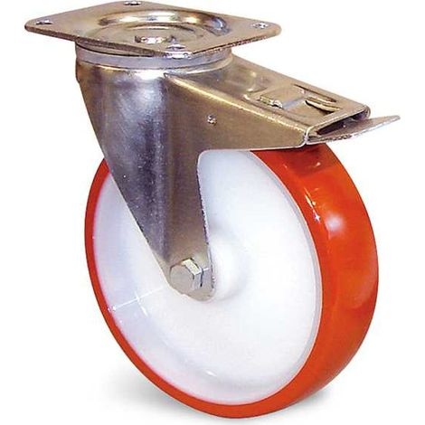 Roulette polyuréthane corps polyamide rouge à platine pivotante + frein D 100mm - GUITEL HERVIEU - EP4BD100-28L