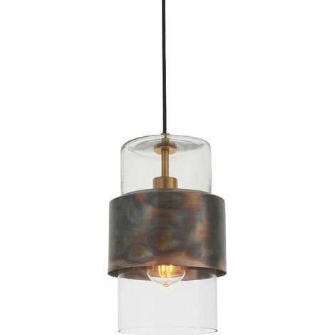 Merano Palermo Suspension Plafonnier Plaque Bronze Patiné & Verre Clair