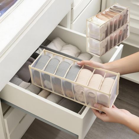 Lot de 2 organiseurs de sous-vêtements à 7 compartiments – Séparateur de tiroir pliable en maille pour chaussettes et lingerie, rangement portable pour la maison, le placard et les voyages (beige) (1/5)