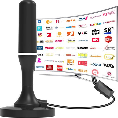 Antenne TV Intérieur TNT, Antenne TNT avec Amplificateur de Signal, Réception Longue Portée à 360° pour 1080P 4K DVB-T DVB-T2 VHF UHF (1/5)