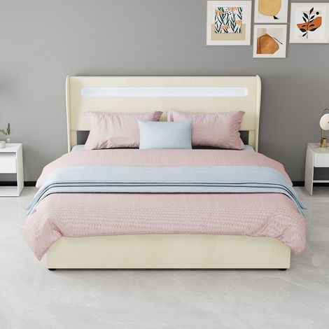 Lit rembourré moderne minimaliste avec tête de lit souple et éclairage LED intégré, 160 x 200 cm, beige, sommier coffre haut à gaz, chambre (1/4)