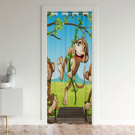 Singe Rideau de Porte 86x203cm Cartoon Animaux Modèle Rideaux Interieur Salon Chambre Rideaux Exterieur d'entrée Cute Singe Imprimer Botanique Branches Vert Brun Rideau Occultant - 86L X 203H cm (1 Pa (1/5)