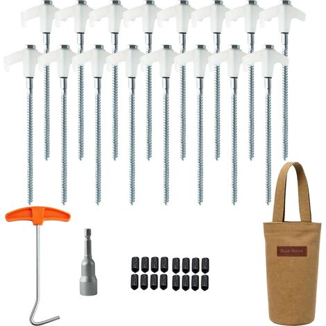 Lot de 16 piquets de tente avec extracteur et adaptateur de perceuse - Sardines de camping en acier avec sac de rangement - Ancrage au sol pour tente, tonnelle et extérieur (16, blanc) (1/5)