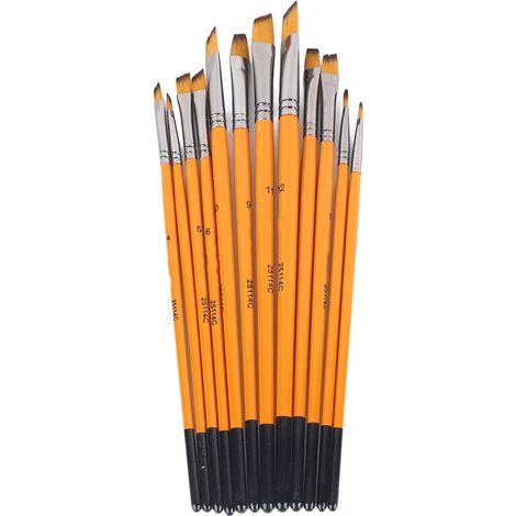 12 Pinceaux en Nylon Acrylique à Manche en Bois et Virole Métallique, Embout Oblique et Poignée Orange pour Artisanat Artistique (1/5)