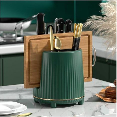 Étagère rotative multifonctionnelle, baguettes de cuisine, couteaux, planche à découper, égouttoir de rangement (vert foncé) (1/4)