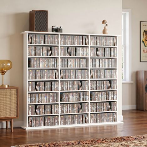 Meuble de rangement 1032 CDs / 594 DVDs, étagère multimédia, 24 compartiments et 18 étagères ajustables, blanc (1/5)