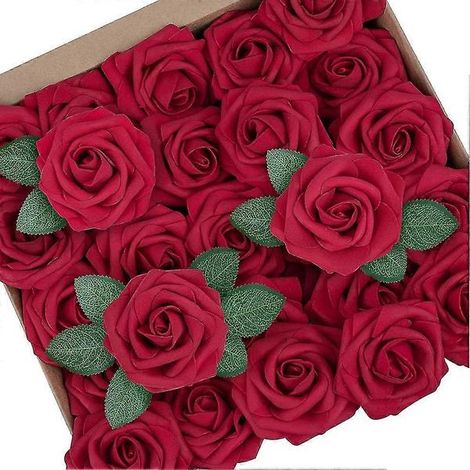 Roses rouges artificielles en mousse au toucher réaliste, en vrac avec tige, pour décorations de mariage à faire soi-même (1/5)
