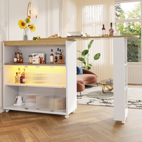 Mobile bar 105 cm, Credenza, Mobile bar girevole ed estensibile con contenitore, illuminazione a LED, vani a giorno, design moderno, Bianco (1/5)