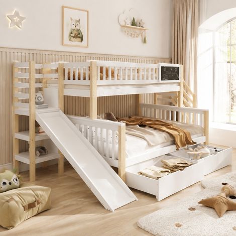 Litera infantil 303x148.5x161.5 cm blanca y natural en madera de pino con tobogán y almacenaje (1/5)