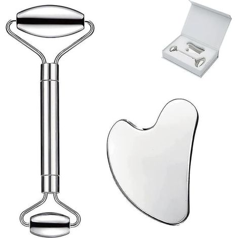 Ecleanfy - Ensemble Gua Sha en acier inoxydable et rouleau de massage facial pour le visage, les yeux et le cou, outils de massage faciaux pratiques pour les soins du corps (1/5)