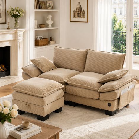 Canapé Modulable 2 Places avec Pouf Coffre en Velours Côtelé Kaki 190 x 132 x 84 cm - PANGIVO (1/5)