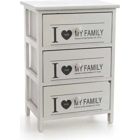 Shabby chic kommode mit 3 schubladen und 'I LOVE MY FAMILY'-druck, 40 x 29 x 58 cm, weiß/hellgrau