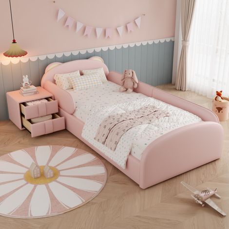 Lit enfant 90x200 cm avec table de chevet et tête de lit ours, en similicuir, rose, sans matelas (1/5)
