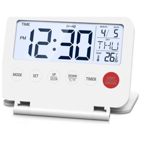 Mini réveil de voyage pliable numérique, écran LCD rétroéclairé, thermomètre, snooze, date et heure, horloge bureau pour chambre, cuisine (1/4)