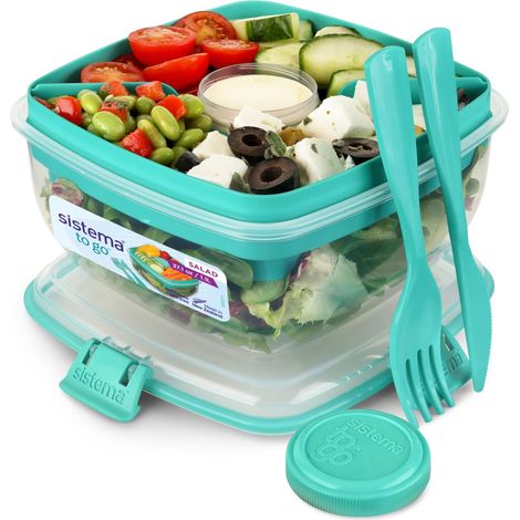 Sistema Salad TO GO Contenitore per alimenti con singoli scomparti, posate da viaggio e vasetto per condimento 1,1L Senza BPA Colori assortiti