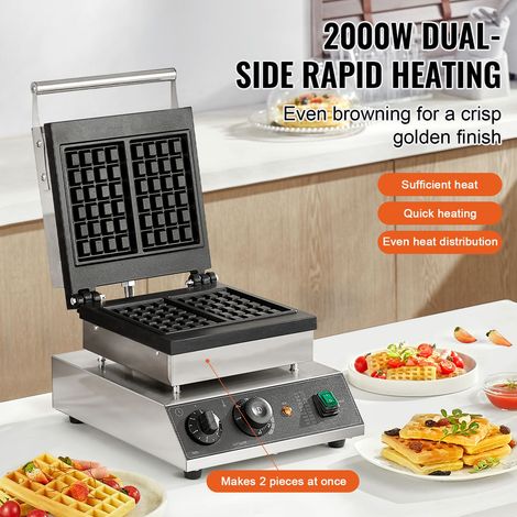 Gaufrier professionnel inox antiadhésif 2000W, appareil à 2 gaufres rectangulaires belges avec minuterie thermostat poignée, café restaurant snack familiale (1/5)