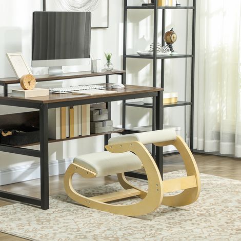 Ergonomischer Kniestuhl mit Wippfunktion, moderner Stuhl in Leinenoptik und Birkenholz, 55 x 85 x 55 cm, Creme