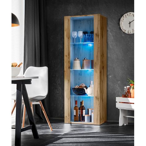 Vitrine armoire Tivoli 55cm x 159cm x 35cm – 3 étagères en verre – Panneaux laminés résistants – Éclairage LED bleu en option