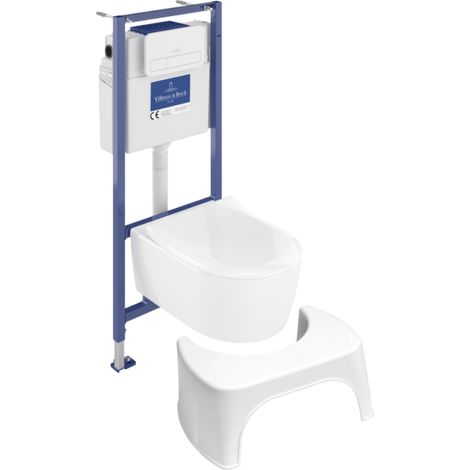 Pack inodoro suspendido sin reborde VILLEROY ET BOCH Avento + estructura de soporte ViConnect Pro + asiento con cierre suave + placa blanca + taburete blanco