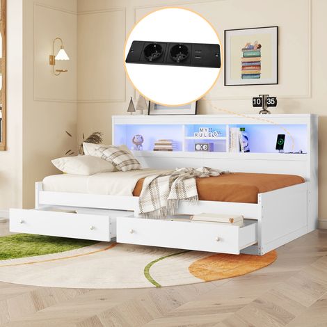 Lit simple 90x200cm - canapé-lit avec 2 tiroirs, sommier à lattes, étagères de rangement et prises charges - aggloméré, blanc (1/5)