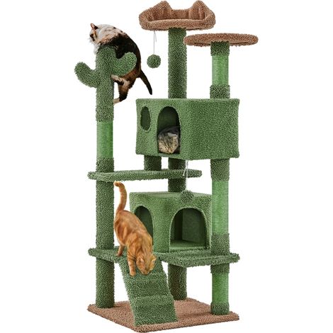 Yaheetech – Arbre à chat cactus 138 cm – Multiniveau avec poteaux en sisal – 2 cachettes et 2 perchoirs – Vert et brun (1/5)