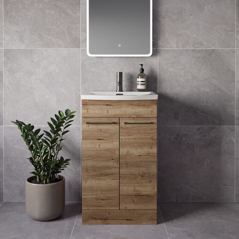 Napoli 390 Tobacco Oak 500mm 2 Door Vanity Unit with Arc Basin - 500mm - Gunmetal Grey 160mm Handle