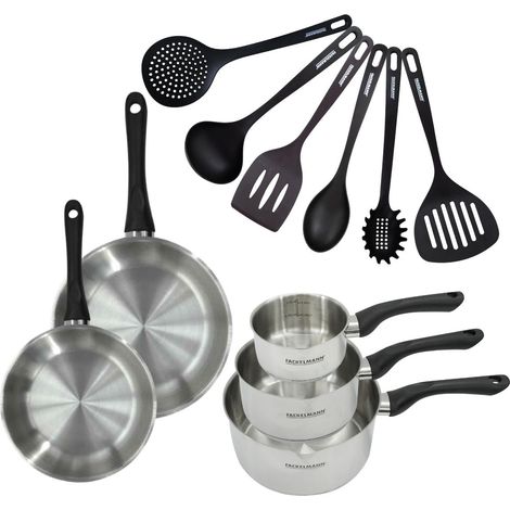 Set 2 poêles 20 et 24 cm 3 casseroles 12 16 et 20 cm en inox et 6 ustensiles Fackelmann Geneva (1/5)