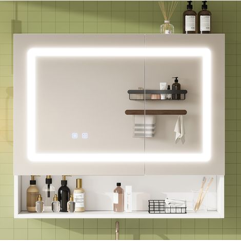 Armario espejo de baño 80 x 17 x 70 cm con LED y función antivaho, blanco DESVIAE (1/5)