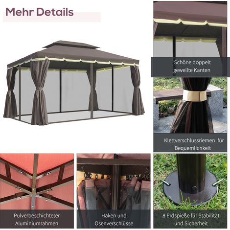 Pavillon de jardin Outsunny 390x290x280 cm, abri de réception avec 4 parois latérales, filet anti-insectes, imperméable, aluminium et polyester, teinte brun et noir (1/4)
