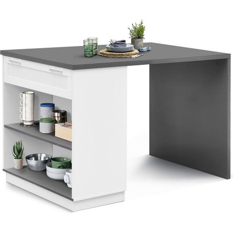 Idmarket – Îlot central mange-debout 4 personnes 130 cm – Plateau épais 3 cm – Structure en panneaux de particules – Rangement intégré avec tiroir et étagères