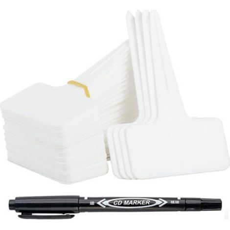 100 Reusable Outdoor Garden Labels - T-Type Plastic Plant Markers with Waterproof Pen - Vegetable Garden Labeling and Plant Accessories (White) (1/5)