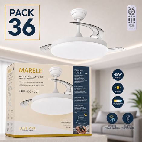 Pacco da 36 ventilatori DC "Marele" · Funzione estate-inverno · 48W · Bianco · 3 pale · 5040 lm · 3500-4000-6500K · Telecomando e timer