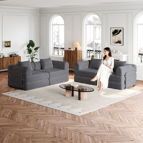 [Patented Design]Chenille-Schlafsofa 2-in-1 mit Staufach in der Armlehne, drei Metallrahmen und mehreren Konfigurationsmöglichkeiten