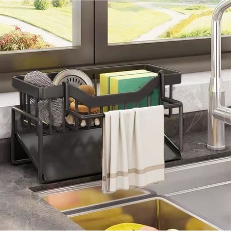 Porte Eponge de Cuisine,Inoxydable 304 Egouttoir Eponge,Rangement Evier Support,Brosse Éponge Organiseur pour à Poser（Noir） (1/4)