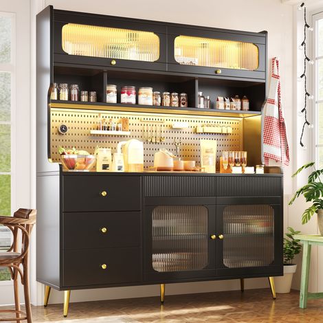 Aparador Alto con 1 Puerta Elevable, 1 Cajón, LED y Estantes de Vidrio, para Cocina y Salón, Negro, 145 × 39 × 171 cm (1/5)