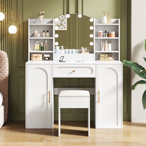 Weißer Schminktisch 110 cm mit verstellbarem LED-Spiegel 3 Lichtmodi, Hocker, 1 Schublade und 2 Türen LINHOO