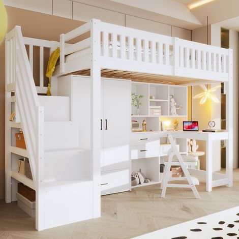 Letto a soppalco in legno di pino bianco 90x200 cm con scrivania, armadio, cassetti e vani contenitore (1/5)