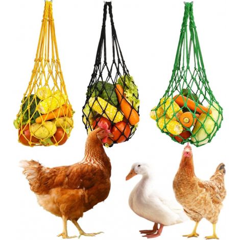 Lot de 3 Sacs en Maille pour Nourriture Poules - Support Suspendu pour Fruits, Légumes et Jouets pour Oiseaux