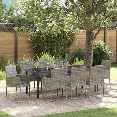 Garten Essgruppe mit Kissen 9 pcs Grau Poly-Rattan