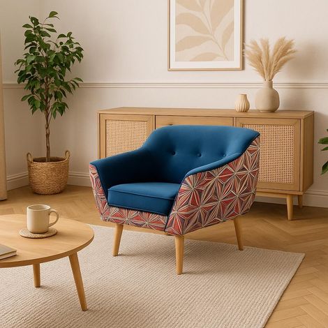 Sofello Sessel Blau mit grafischem Muster MUSTI Relaxsessel Fernsehsessel aus Velour Samt BLAU Grafischer Muster Skandinavischer Polstersessel Holzbeine hohe FüSSe (1/5)
