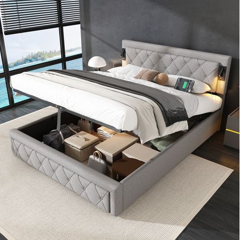 DESVIAE Lit coffre rembourré 160 x 200 avec éclairage de lecture USB des deux côtés tête de lit capitonnée à motif losanges sommier à lattes en bois structure hydraulique gris (1/5)